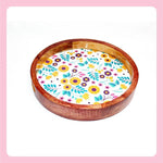 AMARY Acacia Wood Round Serving Trays with Hand-Enameled Design - Handmade & Multifunctional Tray for Serving Food and Drinks - Decorative Kitchen & Dining Table Tray (30cm x30cm)