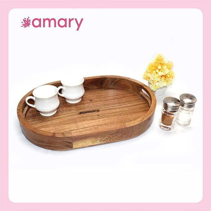 AMARY Sheesham Wood Oval Serving Trays - Multifunctional Tray for Food and Drinks - Decorative Kitchen & Dining Table Tray, Easy to Carry. Ideal for All Purpose (38cmx26cm)