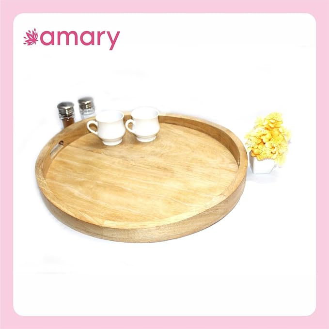 AMARY Mango Wood Round Serving Trays - Handmade & Multifunctional Tray for Serving Food and Drinks - Decorative Kitchen & Dining Table Tray, Easy to Grip and Carry (44cmx44cm)