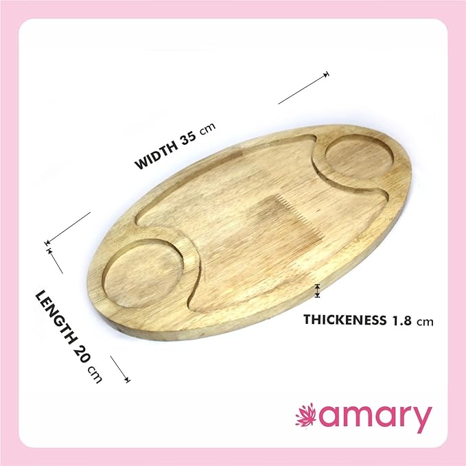 AMARY Rubber Wood Oval Serving Trays with Two Sauce Dip Spaces - Multifunctional Tray for Food & Drinks - Decorative Kitchen & Dining Table Tray | Ideal for All Purpose (35cmx20cm)