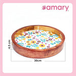 AMARY Acacia Wood Round Serving Trays with Hand-Enameled Design - Handmade & Multifunctional Tray for Serving Food and Drinks - Decorative Kitchen & Dining Table Tray (30cm x30cm)