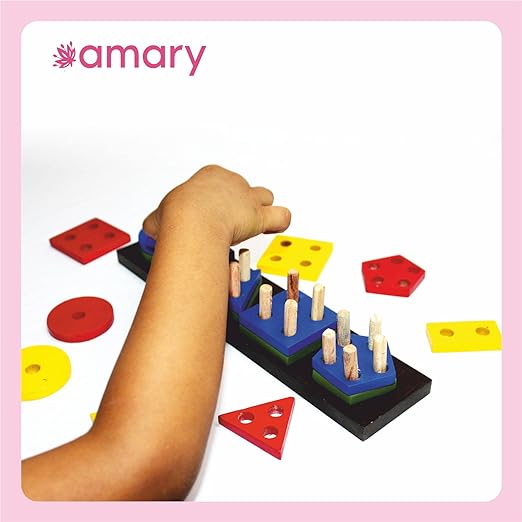 AMARY Wooden Geometric Sorting Blocks | Wooden Pegboard with Shapes and Colors for Geometric Pattern Recognition | Early Preschool Montessori Learning & Development Toys for Childrens (Multicolor)