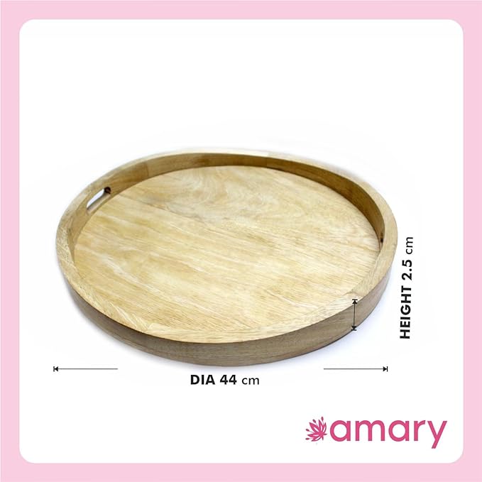 AMARY Mango Wood Round Serving Trays - Handmade & Multifunctional Tray for Serving Food and Drinks - Decorative Kitchen & Dining Table Tray, Easy to Grip and Carry (44cmx44cm)