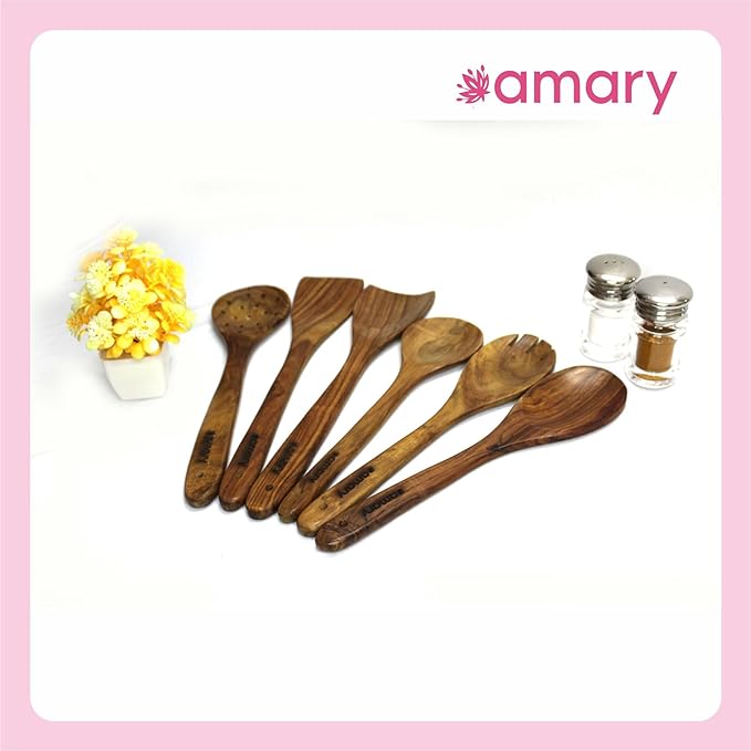 AMARY Sheesham Wood Cooking Spoon Set, Kitchen Utensils, Frying Spoon Ladles & Turning Spatula & Nonstick Spoon Set for Cooking| Kitchen Tools | Handcrafted in India | Set of 6 (35cm)