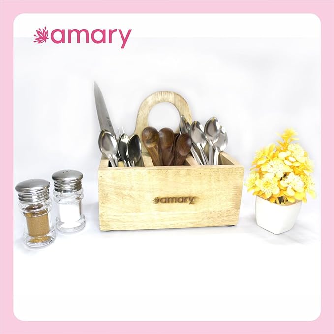 AMARY Rubberwood Spoon Stand for Kitchen | Cutlery Holder for Dining Table |Kitchen Décor, Table Décor, Great Gift | Eco-friendly Wooden Cutlery Stand| Handcrafted in India (20cmx19cmx11cm)