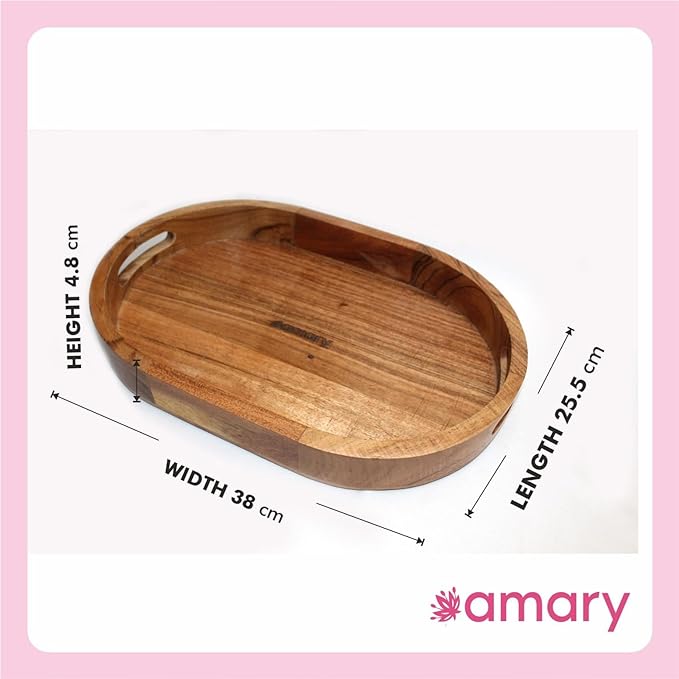 AMARY Sheesham Wood Oval Serving Trays - Multifunctional Tray for Food and Drinks - Decorative Kitchen & Dining Table Tray, Easy to Carry. Ideal for All Purpose (38cmx26cm)