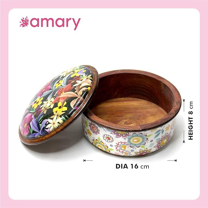 AMARY Sheesham Wood Box with lid Hand-Enameled for Kitchen| Serving Dry fruits, Store Jewellery |Kitchen Décor, Great Gift | Kitchen Organizer and Kitchen Storage | Handcrafted (16cmx8cm)