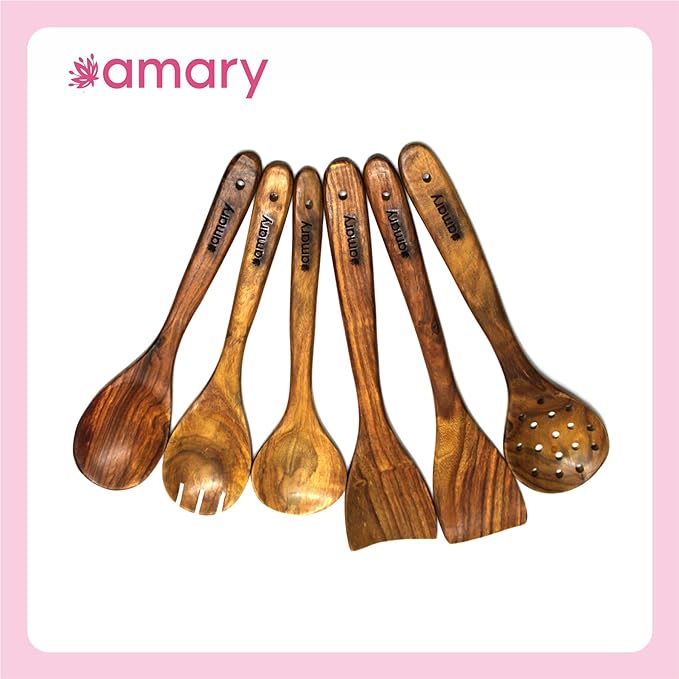 AMARY Sheesham Wood Cooking Spoon Set, Kitchen Utensils, Frying Spoon Ladles & Turning Spatula & Nonstick Spoon Set for Cooking| Kitchen Tools | Handcrafted in India | Set of 6 (35cm)