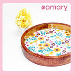 AMARY Acacia Wood Round Serving Trays with Hand-Enameled Design - Handmade & Multifunctional Tray for Serving Food and Drinks - Decorative Kitchen & Dining Table Tray (30cm x30cm)