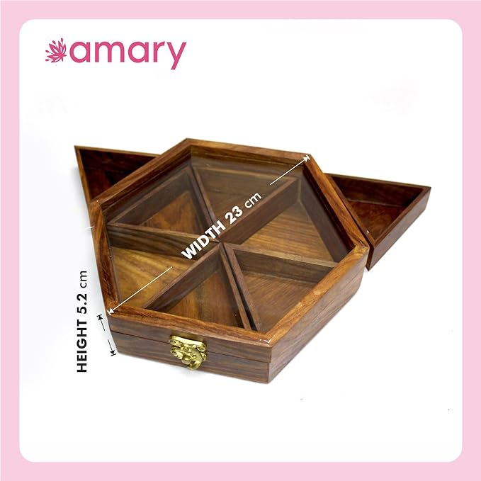 AMARY Sheesham Wooden Spice Box Sets with detachable 6 Containers & Spoon - Perfect for spice/masalabox/Dry fruits/kitchen/Decorative handmade organizer