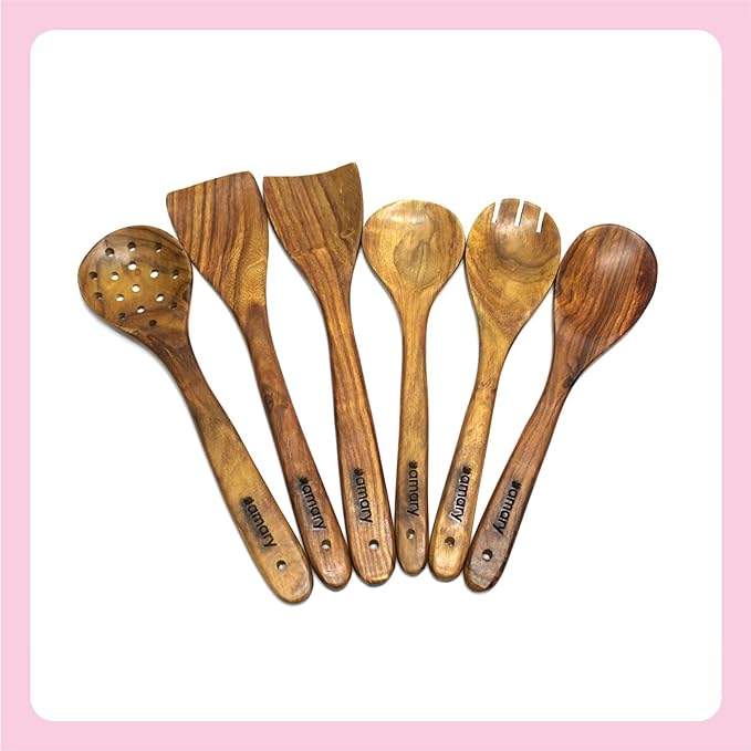 AMARY Sheesham Wood Cooking Spoon Set, Kitchen Utensils, Frying Spoon Ladles & Turning Spatula & Nonstick Spoon Set for Cooking| Kitchen Tools | Handcrafted in India | Set of 6 (35cm)