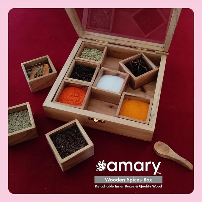 AMARY Handcrafted Sheesham Wooden Spice Box Sets with detachable 9 Containers & Spoon - Perfect for spice/masalabox/kitchen/Decorative handmade masala organizer.