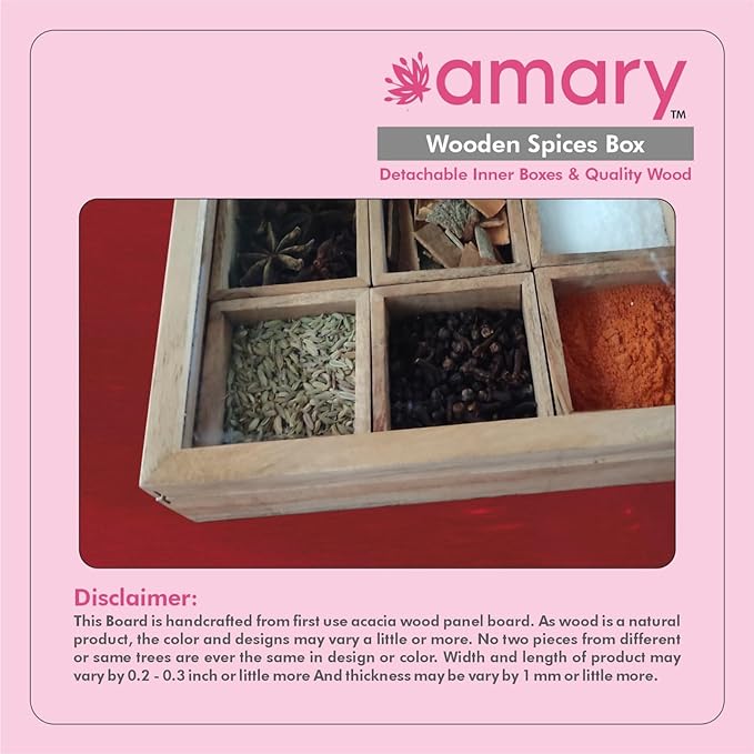 AMARY Handcrafted Sheesham Wooden Spice Box Sets with detachable 9 Containers & Spoon - Perfect for spice/masalabox/kitchen/Decorative handmade masala organizer.