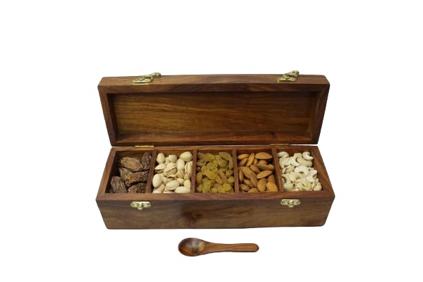 AMARY Handcrafted Sheesham Wooden Spice Box Sets with 5 Compartments & Spoon - Perfect for spice/masalabox/Dry fruits/kitchen/Decorative handmade organizer. Solid wood.