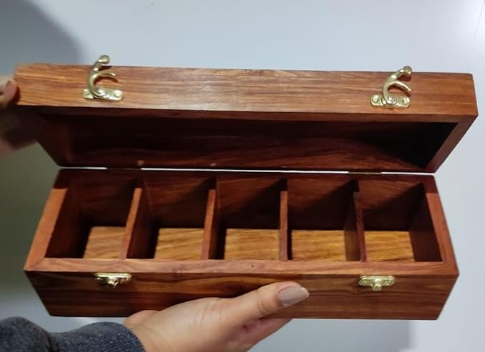 AMARY Handcrafted Sheesham Wooden Spice Box Sets with 5 Compartments & Spoon - Perfect for spice/masalabox/Dry fruits/kitchen/Decorative handmade organizer. Solid wood.