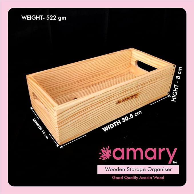 AMARY Pine Wood Multipurpose Storage and Serving Tray for Kitchen| Kitchen Décor, Table Décor, Tray for Storage, Great Gift | Ecofriendly Organizer | Handcrafted in India (30.5cmx15cmx8cm)