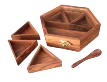 AMARY Sheesham Wooden Spice Box Sets with detachable 6 Containers & Spoon - Perfect for spice/masalabox/Dry fruits/kitchen/Decorative handmade organizer