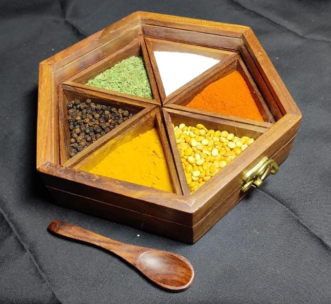 AMARY Sheesham Wooden Spice Box Sets with detachable 6 Containers & Spoon - Perfect for spice/masalabox/Dry fruits/kitchen/Decorative handmade organizer