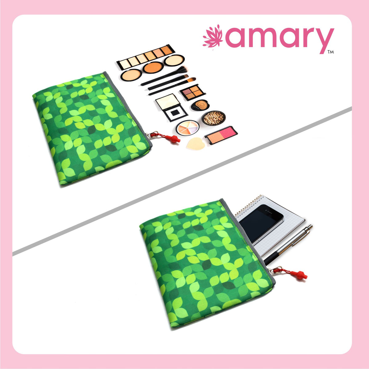 Amary Multifunctional Pouch |Matty Fabric Lightweight | 1 Zipper Compartments | Suitable for Work, School, College | Perfect for Daily use for Organizer, Pencil, Makeup, Mobile| Green