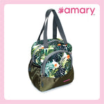 AMARY Lunch Bag with Front Pockets & Bottle Holder | Sturdy Light Weight Special Material | Water Repellent | Spacious Tiffin Bag, Lunch Bag, Bag for All Purpose Needs (Floral, Army Green)