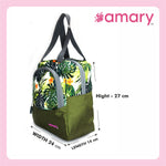 AMARY Lunch Bag with Front Pockets & Bottle Holder | Sturdy Light Weight Special Material | Water Repellent | Spacious Tiffin Bag, Lunch Bag, Bag for All Purpose Needs (Floral, Army Green)