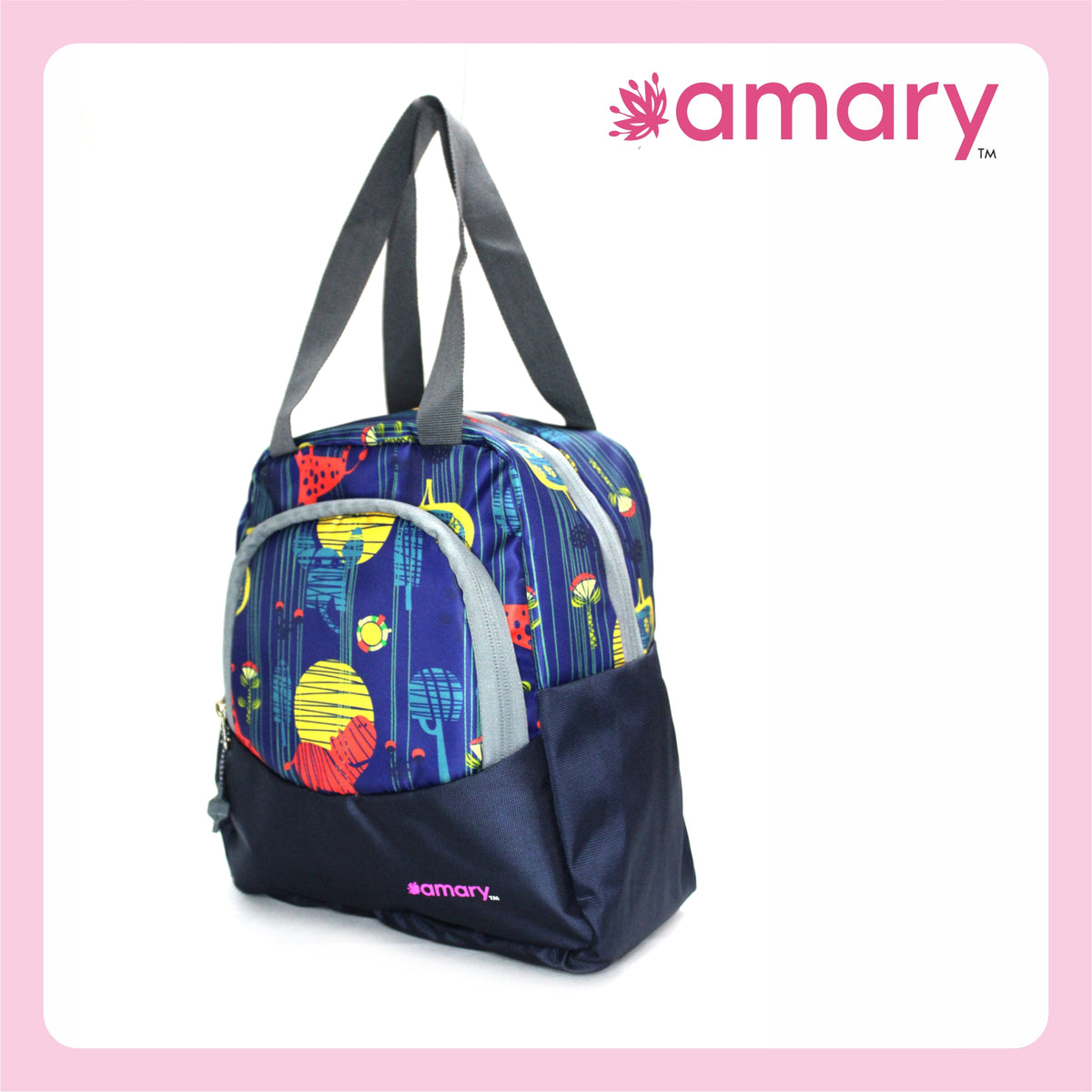 AMARY Lunch Bag with Front Pockets & Bottle Holder | Sturdy Light Weight Special Material | Water Repellent | Spacious Tiffin Bag, Lunch Bag, Bag for All Purpose Needs (Giraffe, Navy Blue)