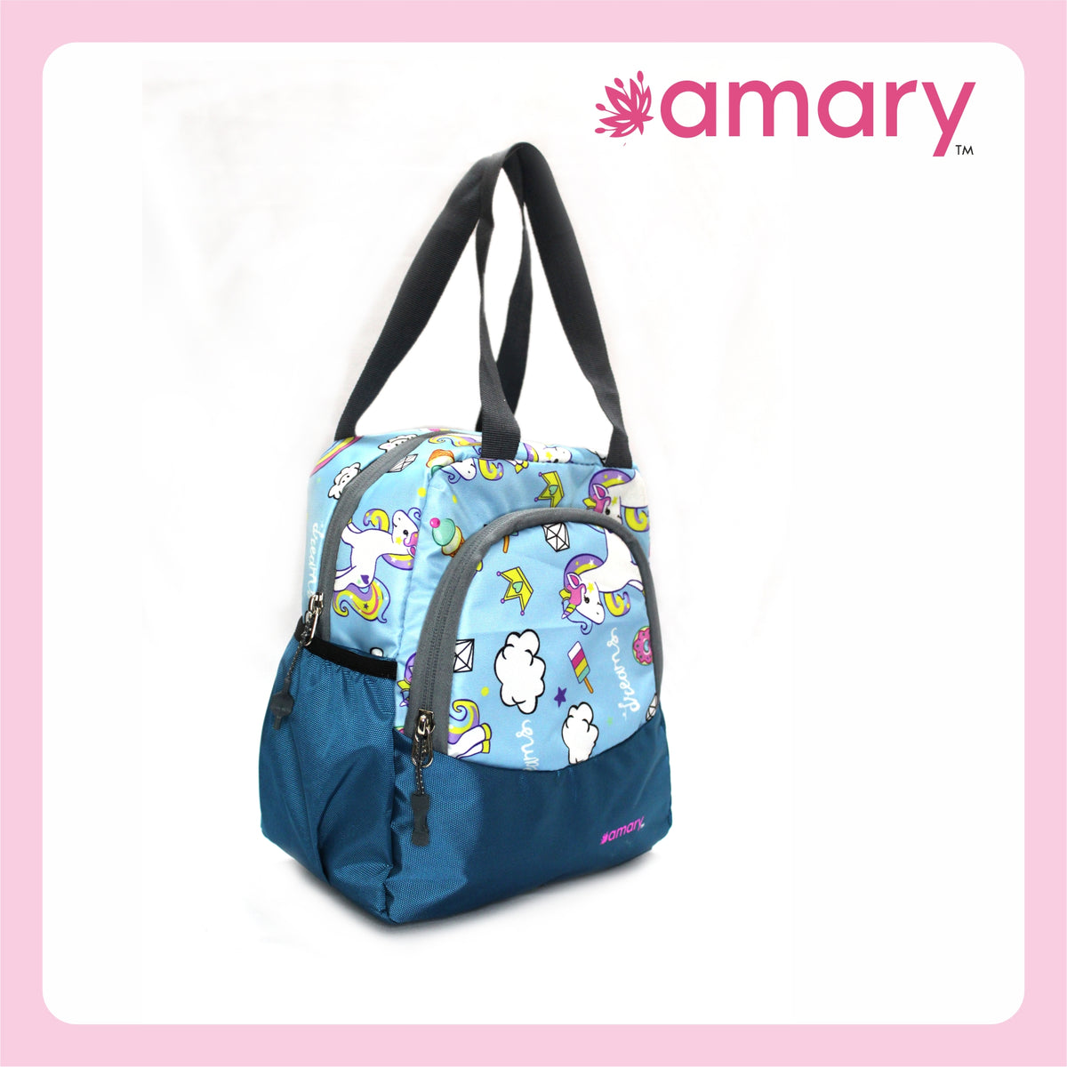 AMARY Lunch Bag with Front Pockets & Bottle Holder | Sturdy Light Weight Special Material | Water Repellent | Spacious Tiffin Bag, Lunch Bag, Bag for All Purpose Needs (Unicorn, Aqua Blue)