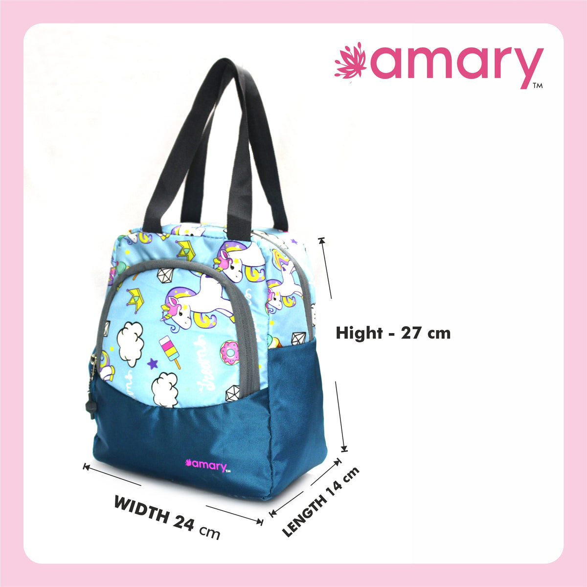 AMARY Lunch Bag with Front Pockets & Bottle Holder | Sturdy Light Weight Special Material | Water Repellent | Spacious Tiffin Bag, Lunch Bag, Bag for All Purpose Needs (Unicorn, Aqua Blue)