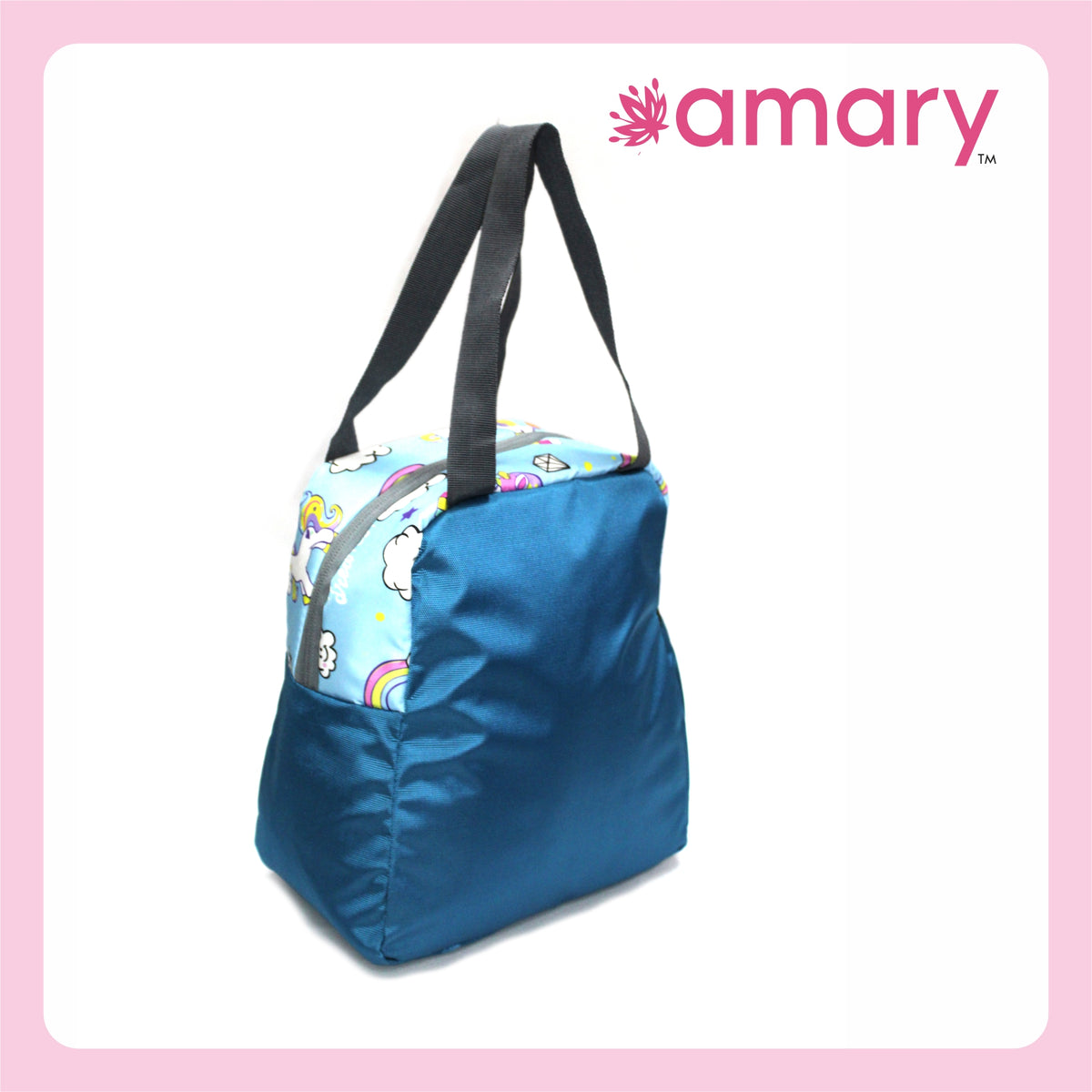 AMARY Lunch Bag with Front Pockets & Bottle Holder | Sturdy Light Weight Special Material | Water Repellent | Spacious Tiffin Bag, Lunch Bag, Bag for All Purpose Needs (Unicorn, Aqua Blue)