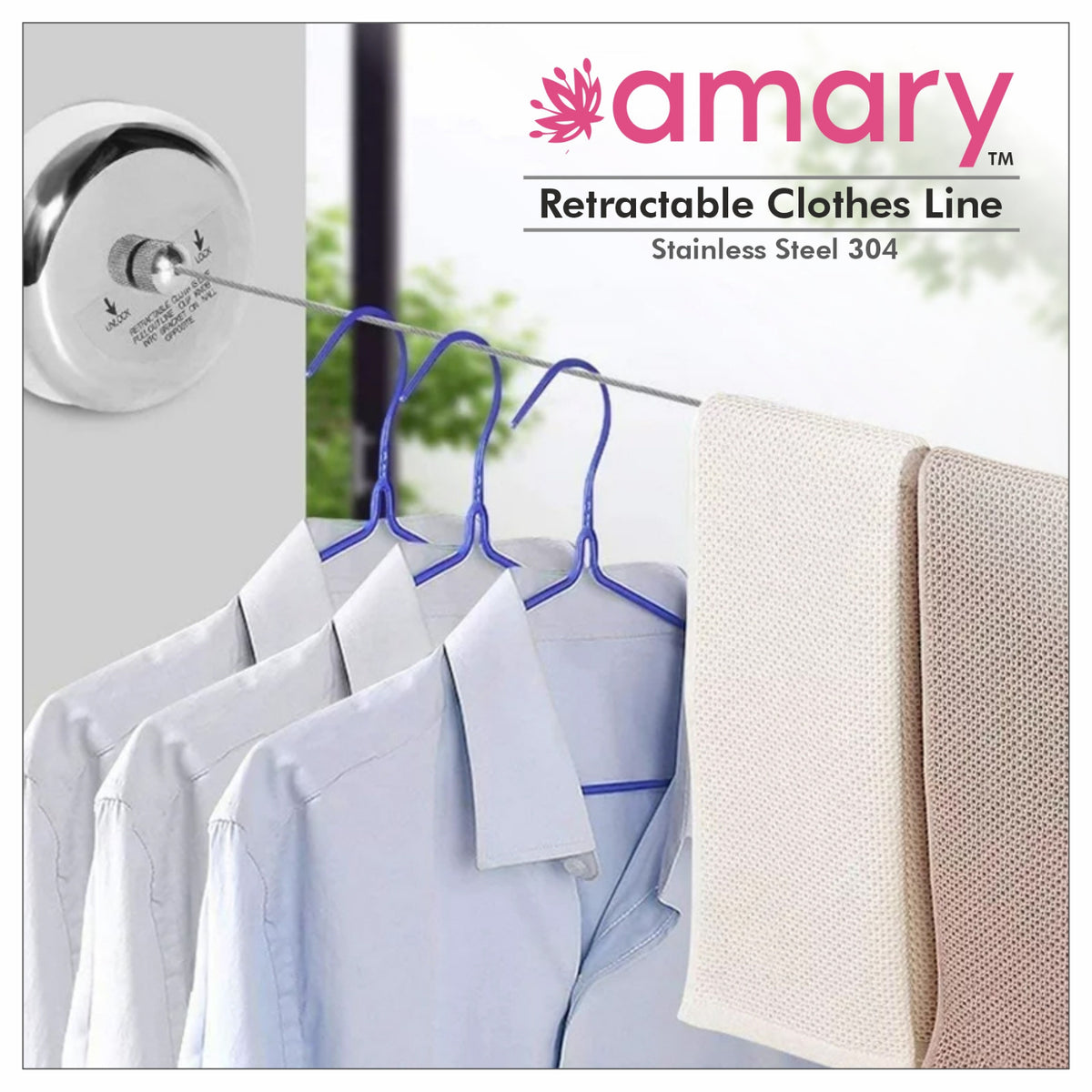 Amary Stainless Steel Wall Mounted Adjustable Retractable Clothesline - Lockable Hanging Washing Line for Indoor and Outdoor Use (Pack of 1)