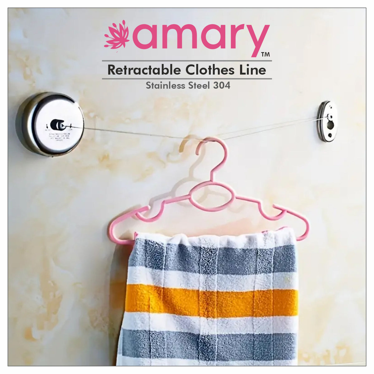 Amary Stainless Steel Wall Mounted Adjustable Retractable Clothesline - Lockable Hanging Washing Line for Indoor and Outdoor Use (Pack of 1)